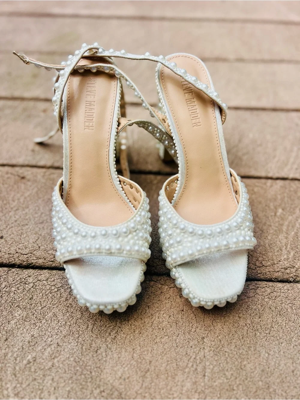 Steve Madden White Pearl-Embellished Platform Sandals